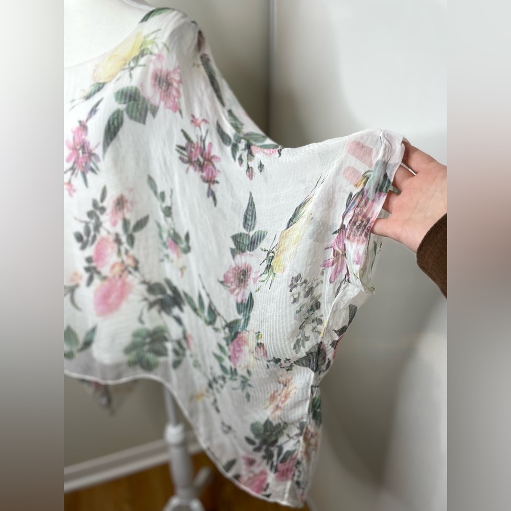 Made in Italy Silk Sheer Floral Overlay Cape Top - Picture 3 of 15